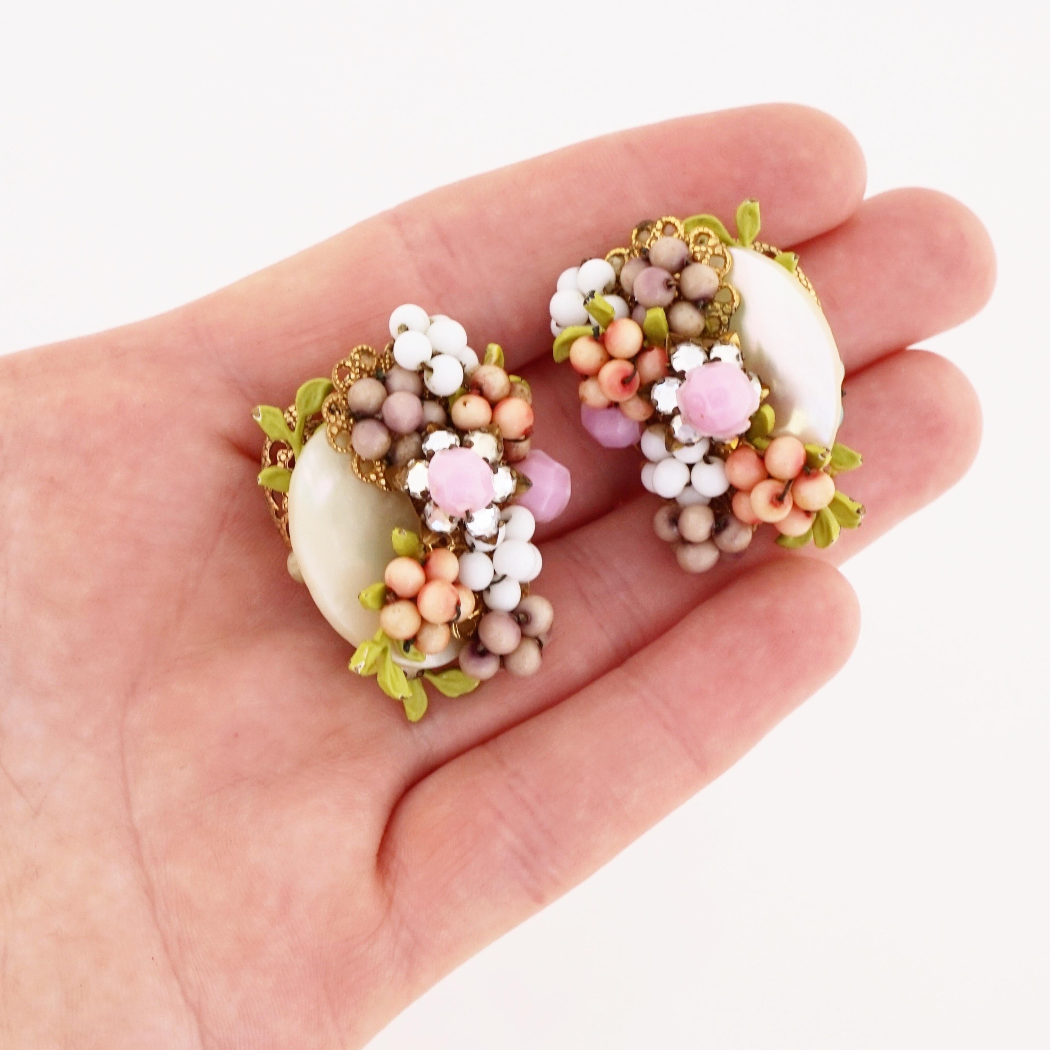 Mother of Pearl & Pastel Beaded Floral Cluster Earrings By Miriam Haskell In Good Condition For Sale In McKinney, TX