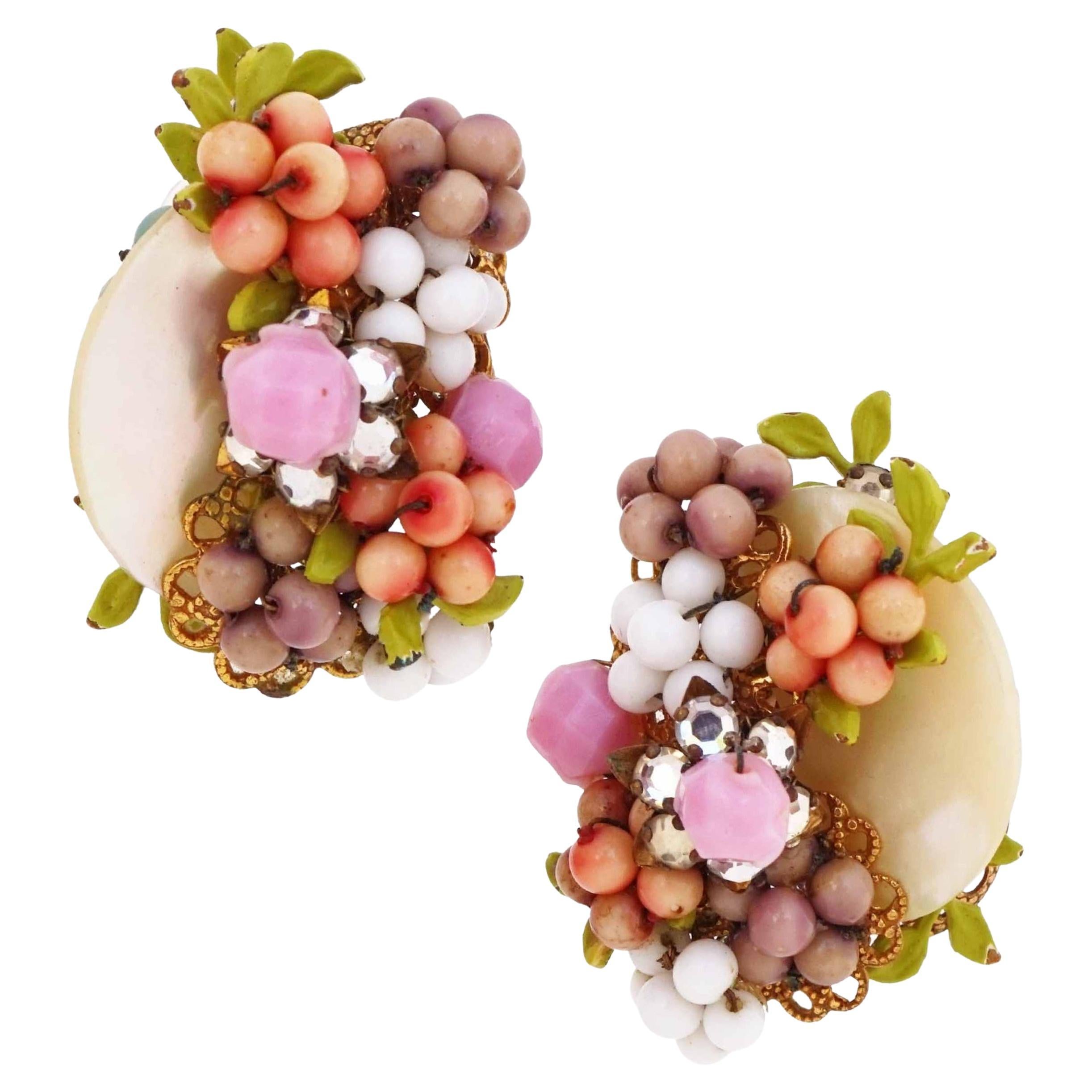 Mother of Pearl & Pastel Beaded Floral Cluster Earrings By Miriam Haskell For Sale