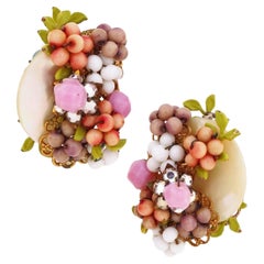 Mother of Pearl & Pastel Beaded Floral Cluster Earrings By Miriam Haskell