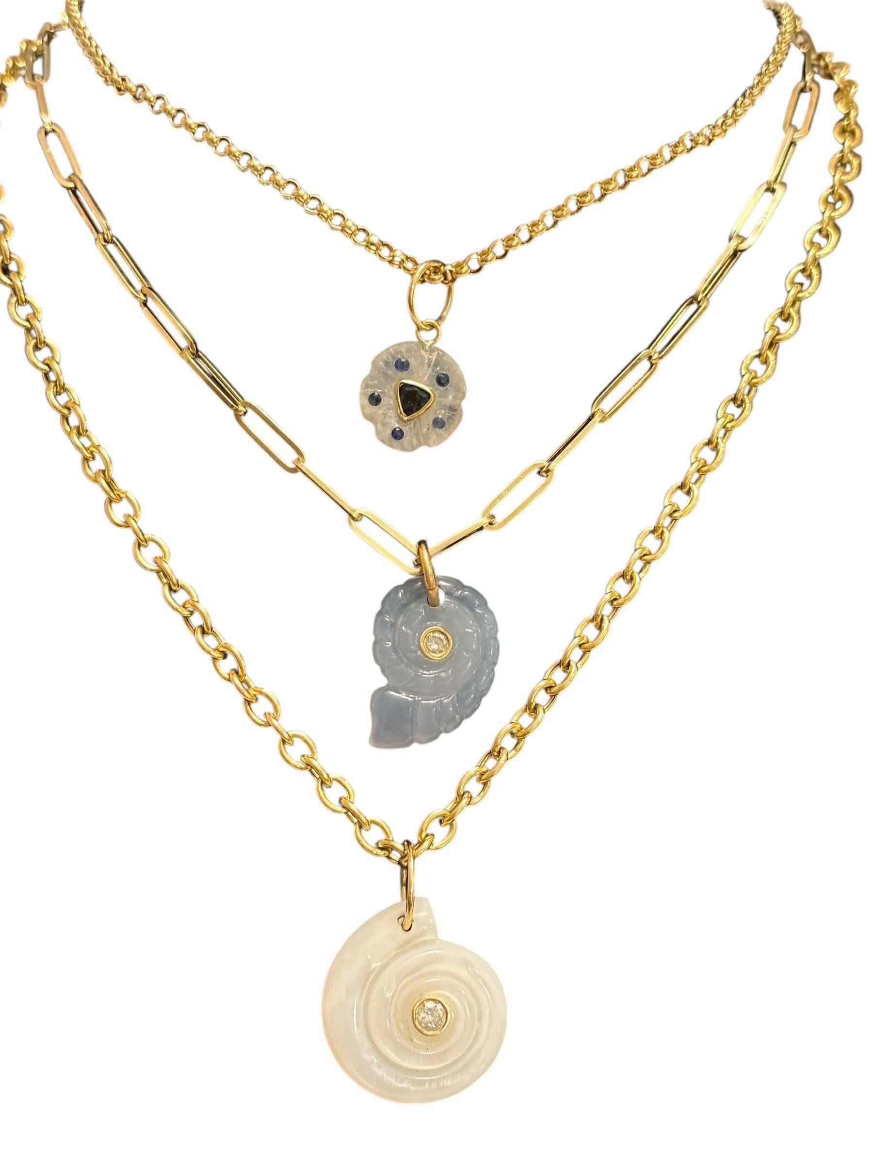 Brilliant Cut MOTHER-OF-PEARL PENDANT with Diamond, Tourmaline & 14k Gold For Sale
