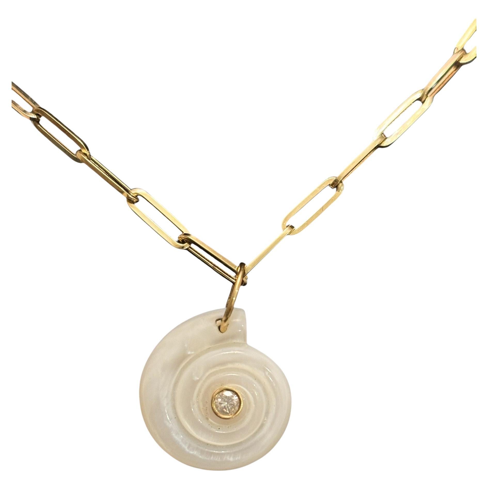 MOTHER-OF-PEARL PENDANT with Diamond, Tourmaline & 14k Gold For Sale