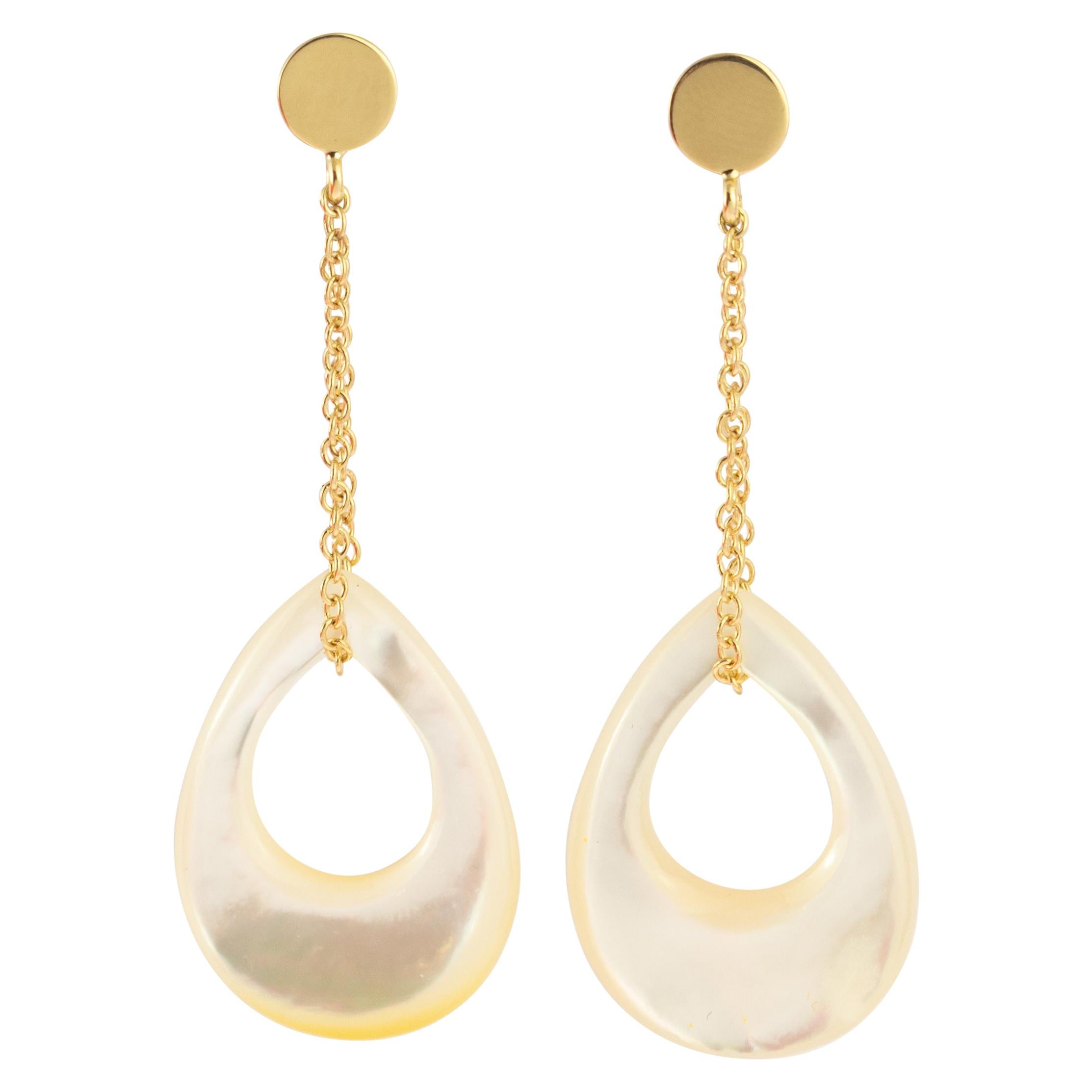 Mother of Pearl Pendulum 18 Karat Gold Chain Cocktail Drop Dangle Earrings For Sale