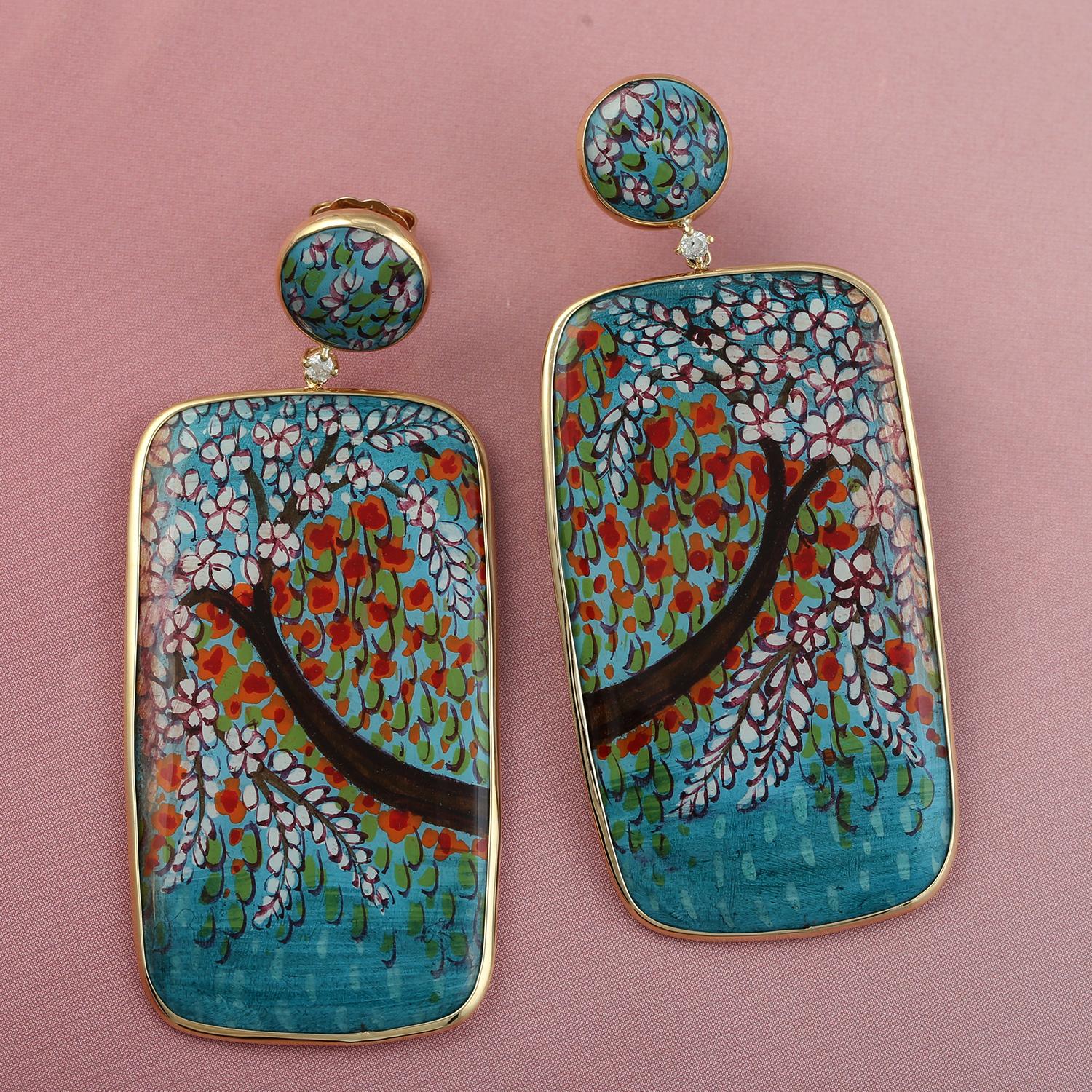 Artisan Mother Of Pearl Picture Enamel Dangle Earrings With Diamonds In 18k Yellow Gold For Sale
