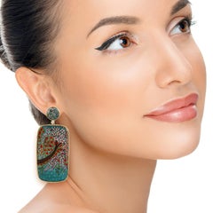 Mother Of Pearl Picture Enamel Dangle Earrings With Diamonds In 18k Yellow Gold