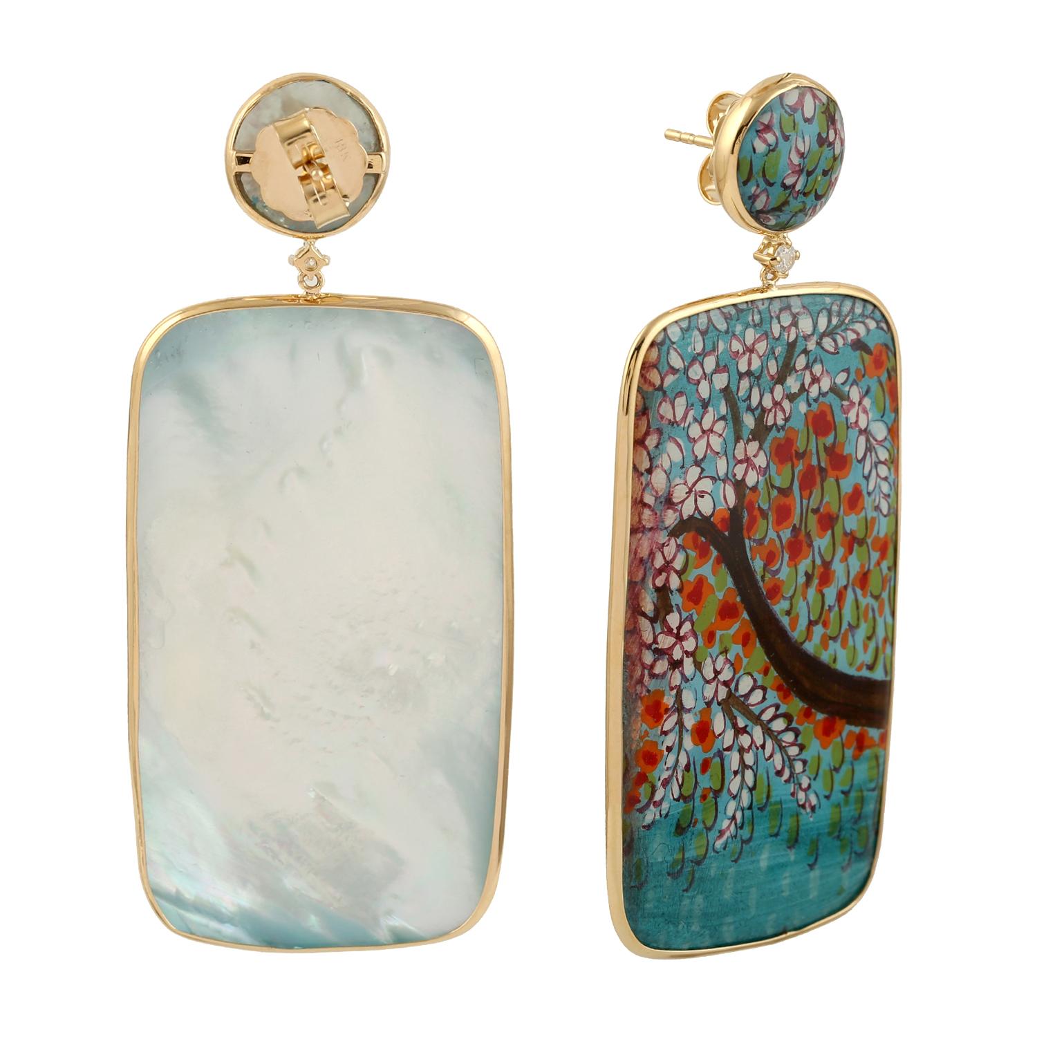 Mixed Cut Mother Of Pearl Picture Enamel Dangle Earrings With Diamonds In 18k Yellow Gold For Sale