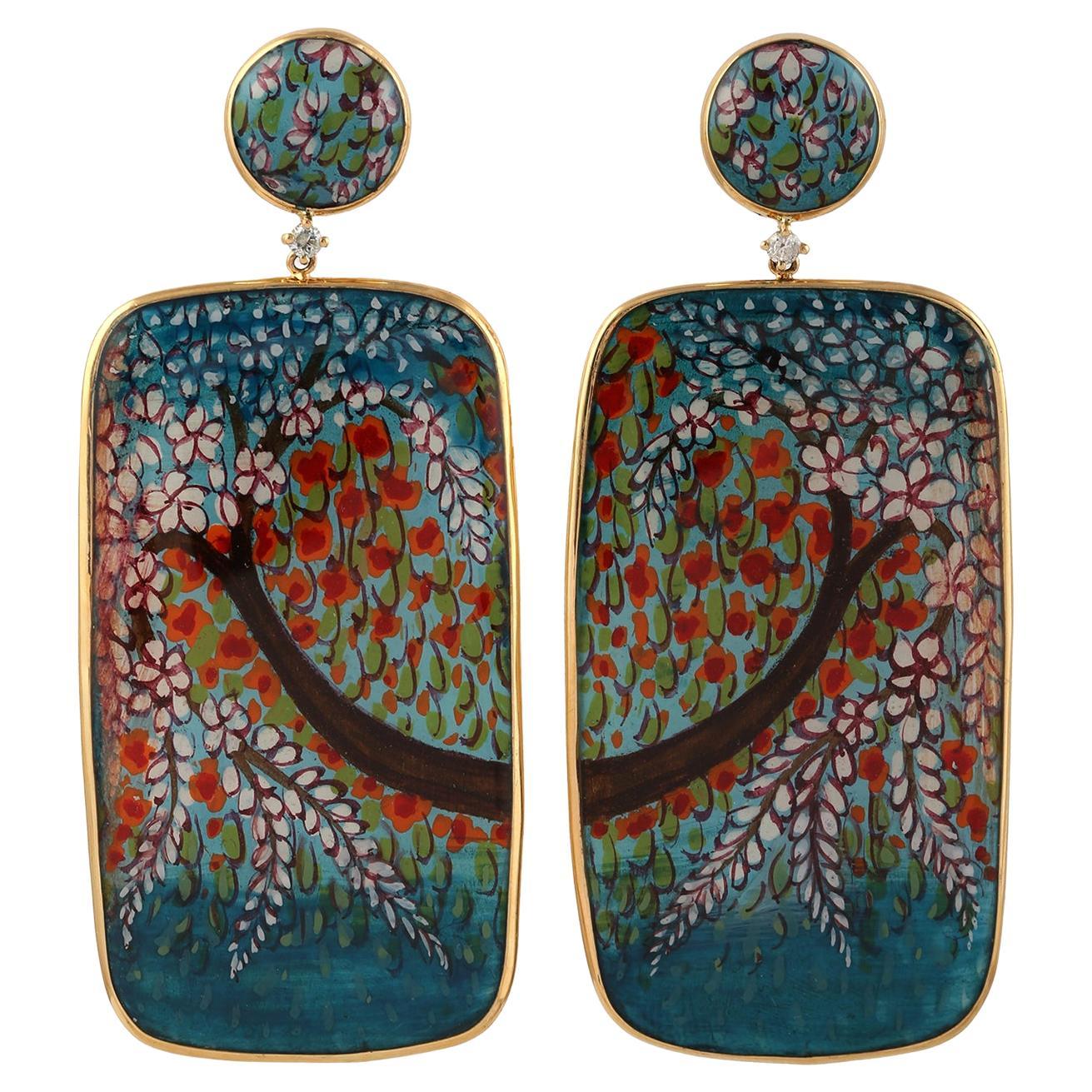 Mother Of Pearl Picture Enamel Dangle Earrings With Diamonds In 18k Yellow Gold