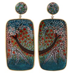 Mother Of Pearl Picture Enamel Dangle Earrings With Diamonds In 18k Yellow Gold