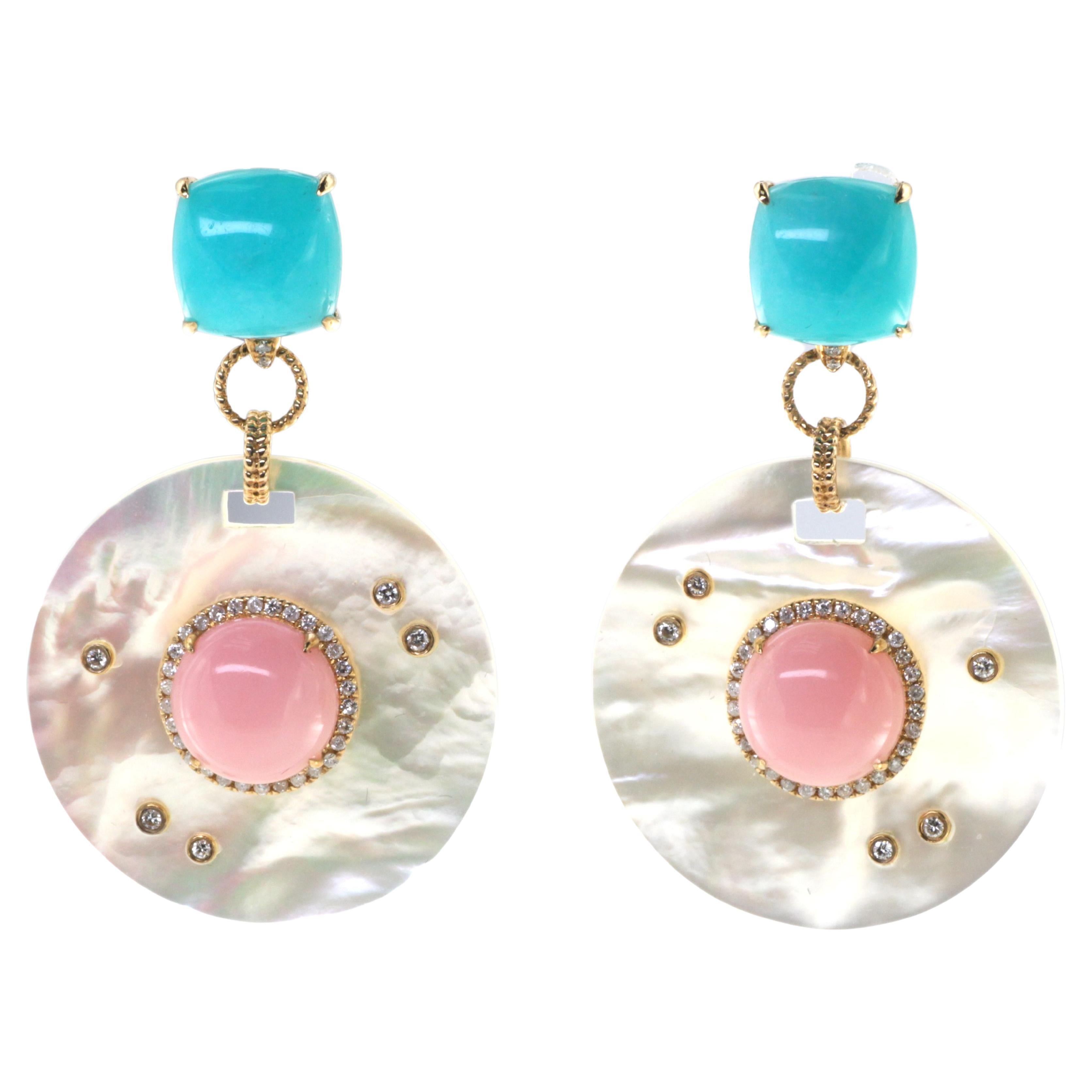 Mother of Pearl Pink Opal Amazonite Diamond Dangle Earring in 14K Yellow Gold
