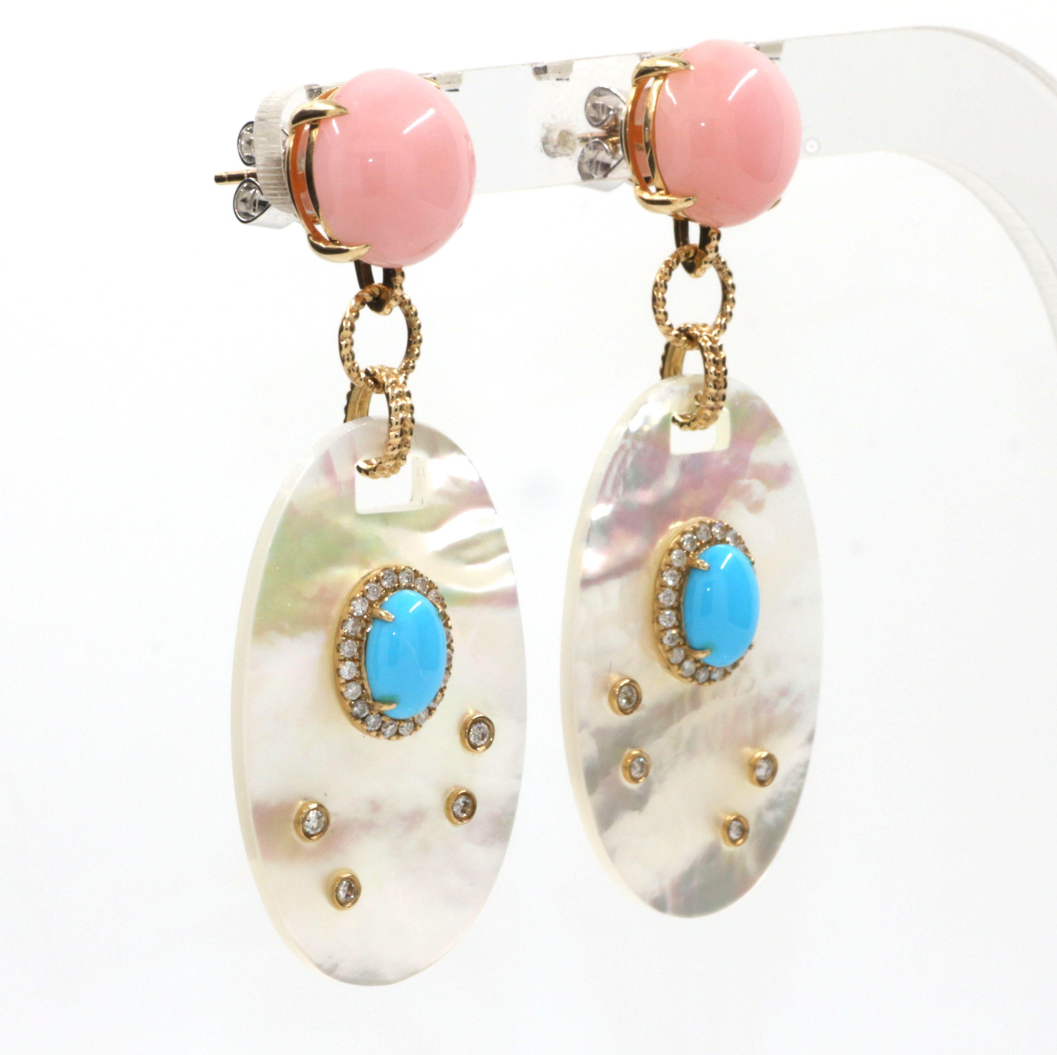 This earring features 2 mother of pearl weight 22.20 carat, turquoise slices are topped weight 1.67 carat and 0.37 carat diamonds.  The mother of pearl is handcrafted and set with 2 pink opal.
The length of earrings is 55mm.

Mother of  Pearl 22.20
