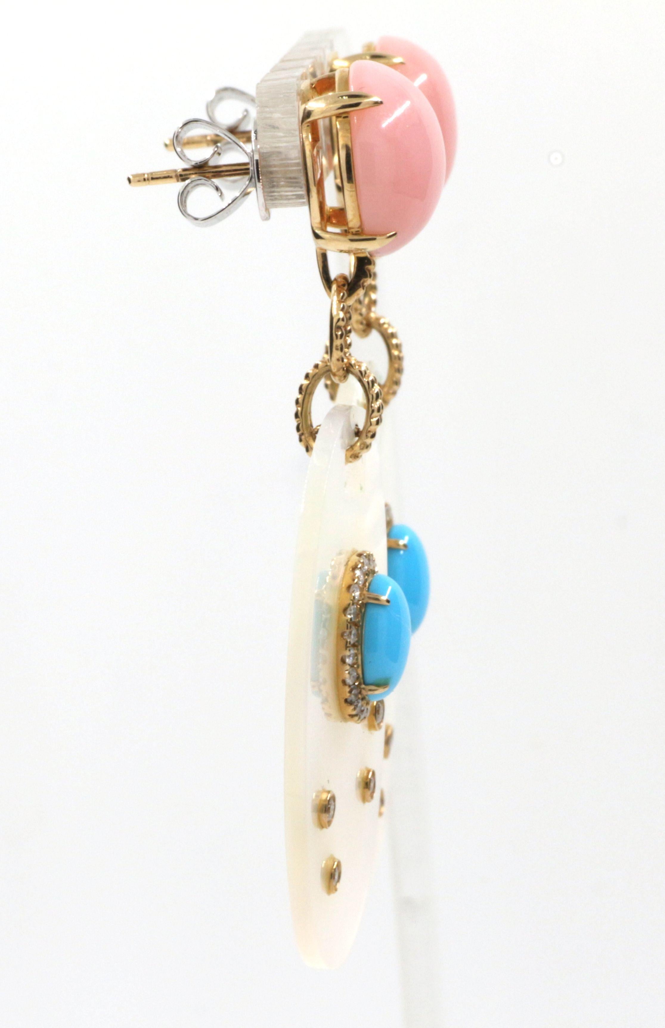 Art Deco Mother of Pearl Pink Opal Turquoise Diamond Dangle Earring in 14k Yellow Gold