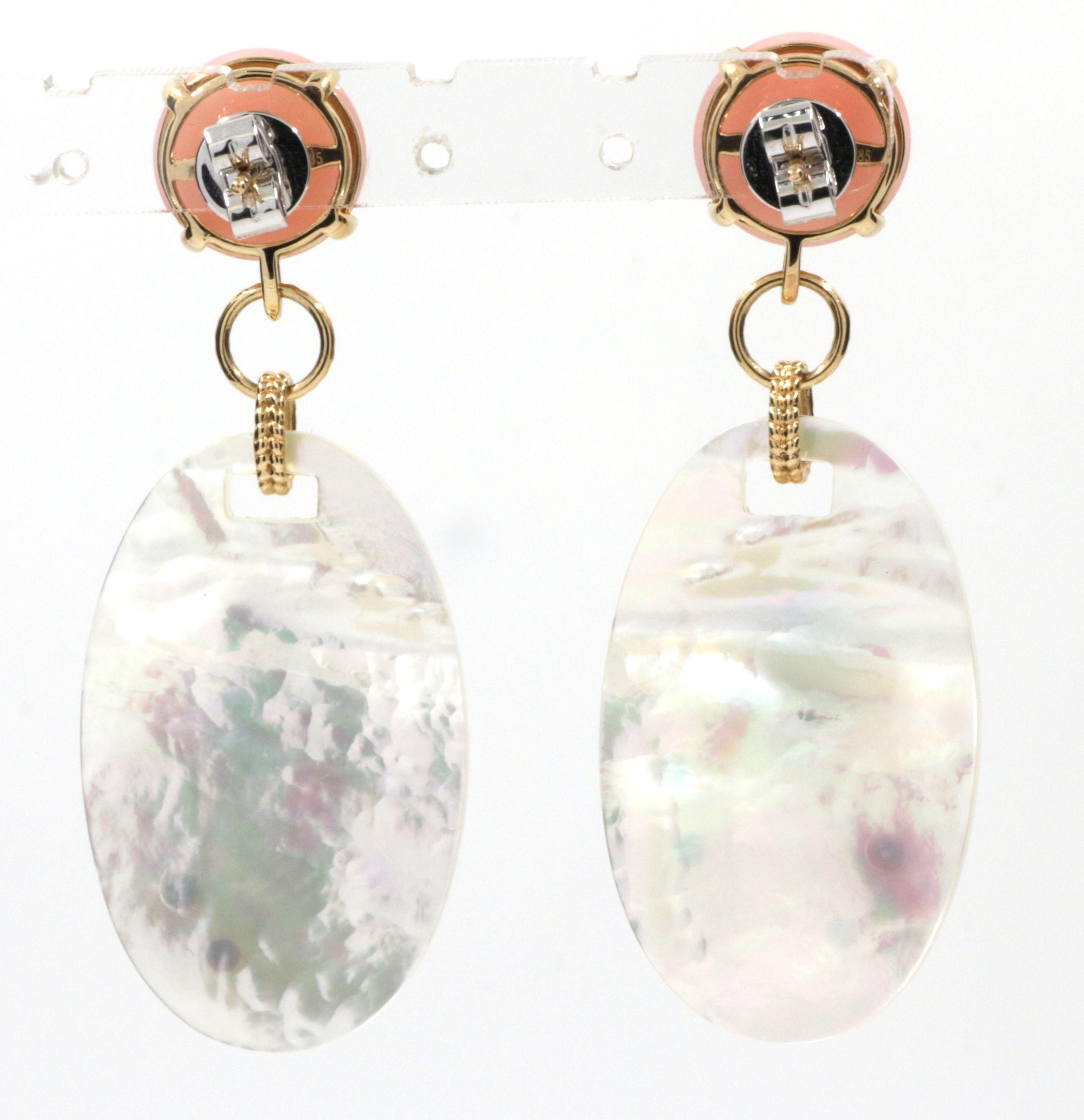 Oval Cut Mother of Pearl Pink Opal Turquoise Diamond Dangle Earring in 14k Yellow Gold