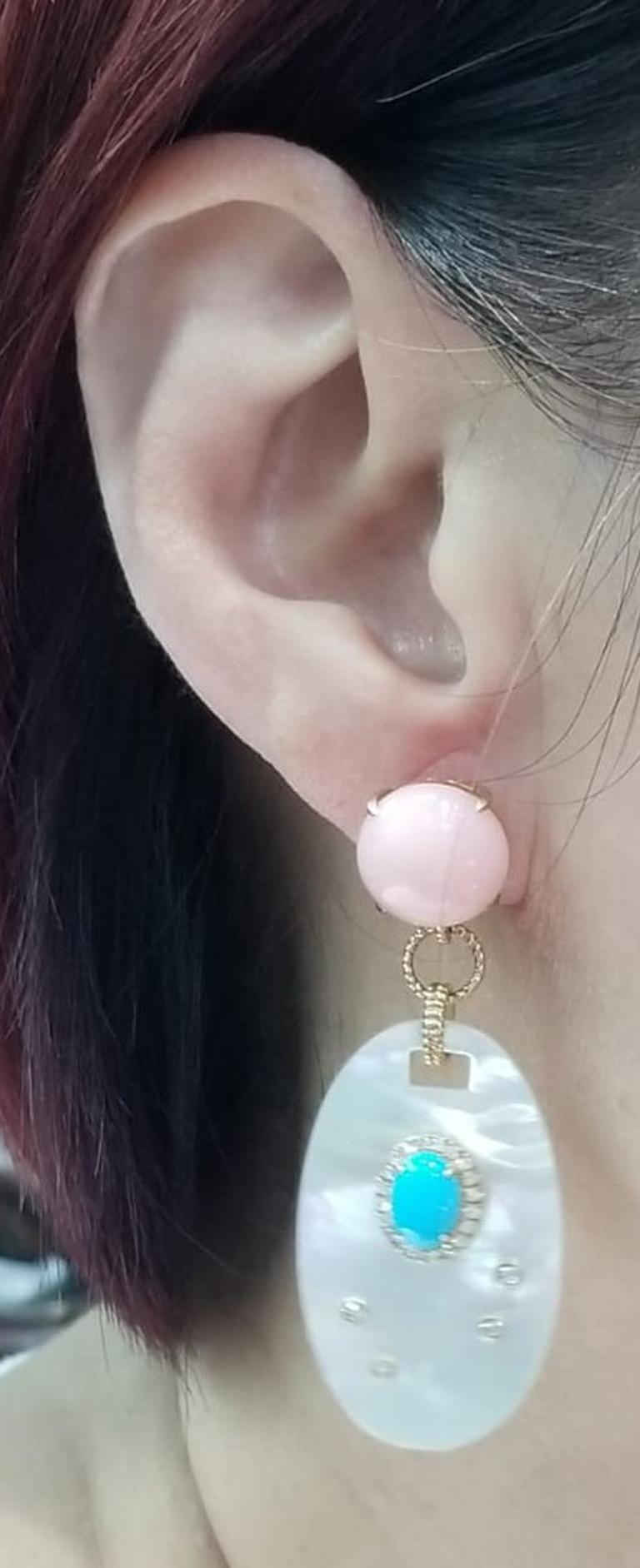 Mother of Pearl Pink Opal Turquoise Diamond Dangle Earring in 14k Yellow Gold In New Condition In Hong Kong, HK