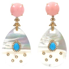 Mother of Pearl Pink Opal Turquoise Diamond Dangle Earring in 14K Yellow Gold