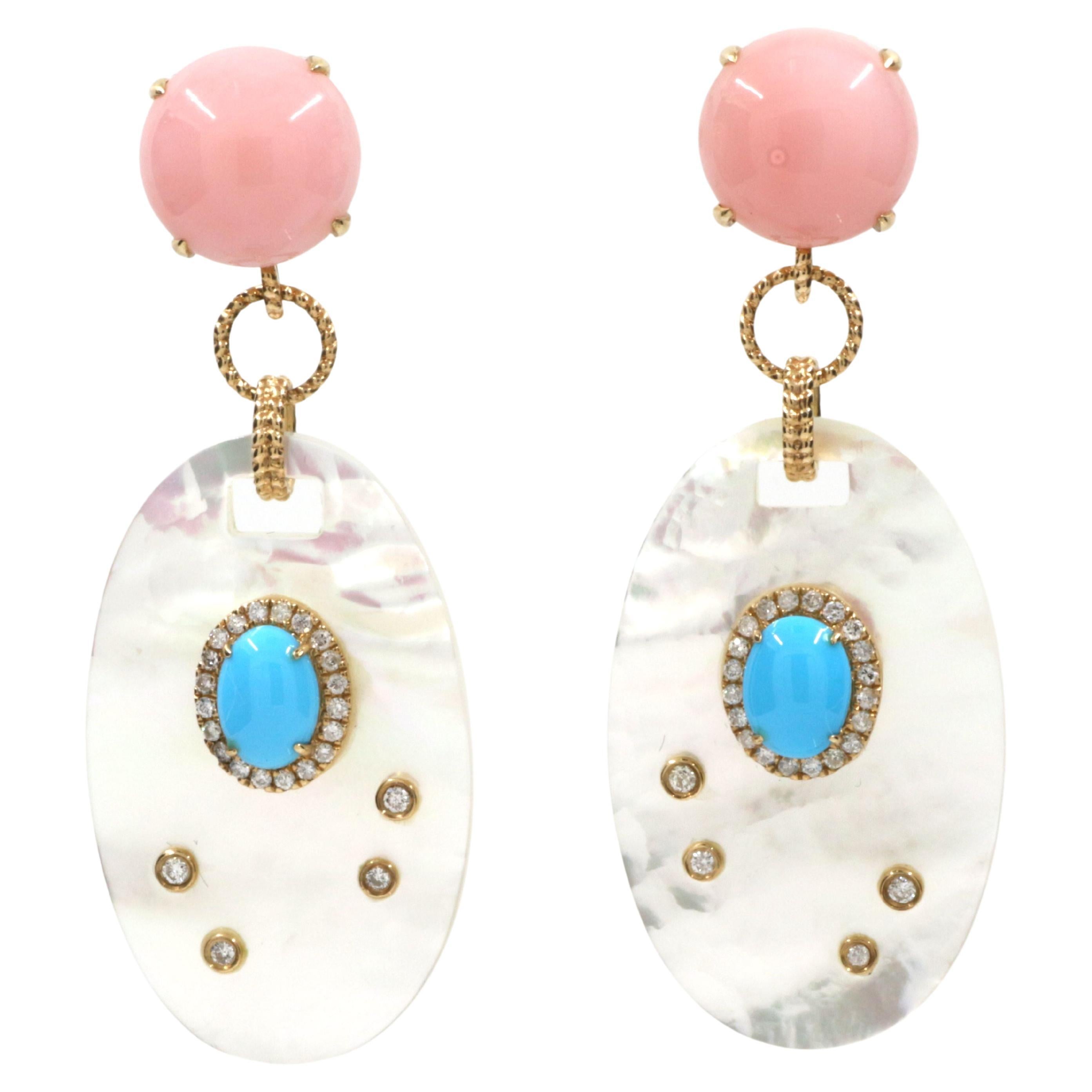 Mother of Pearl Pink Opal Turquoise Diamond Dangle Earring in 14K Yellow Gold