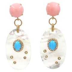Mother of Pearl Pink Opal Turquoise Diamond Dangle Earring in 14k Yellow Gold