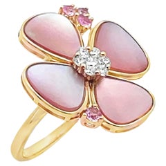 Mother of Pearl, Pink Sapphire 14K Yellow Gold Four Petal Flower Diamond Ring