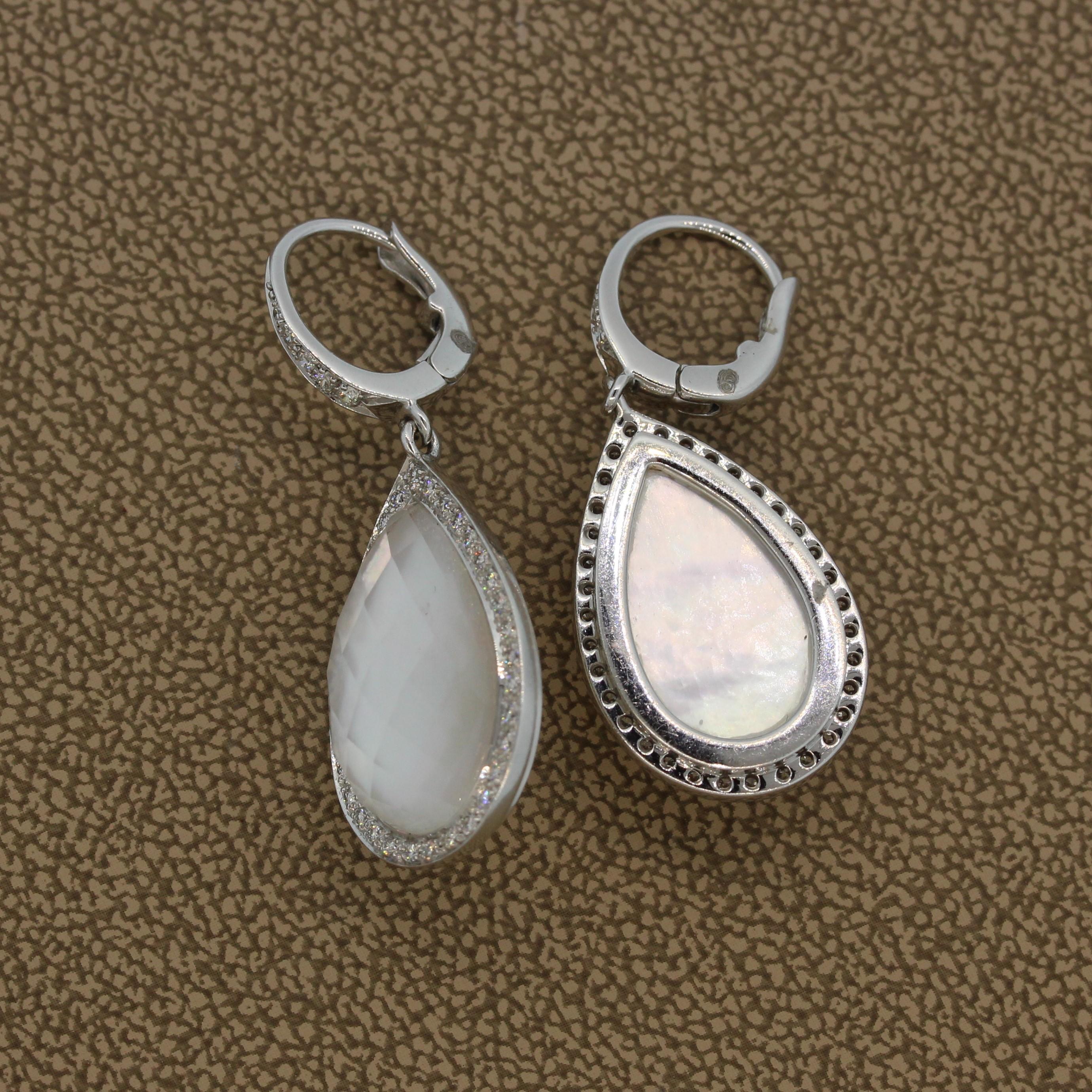 Mother of Pearl Quartz Diamond Gold Drop Earrings 1