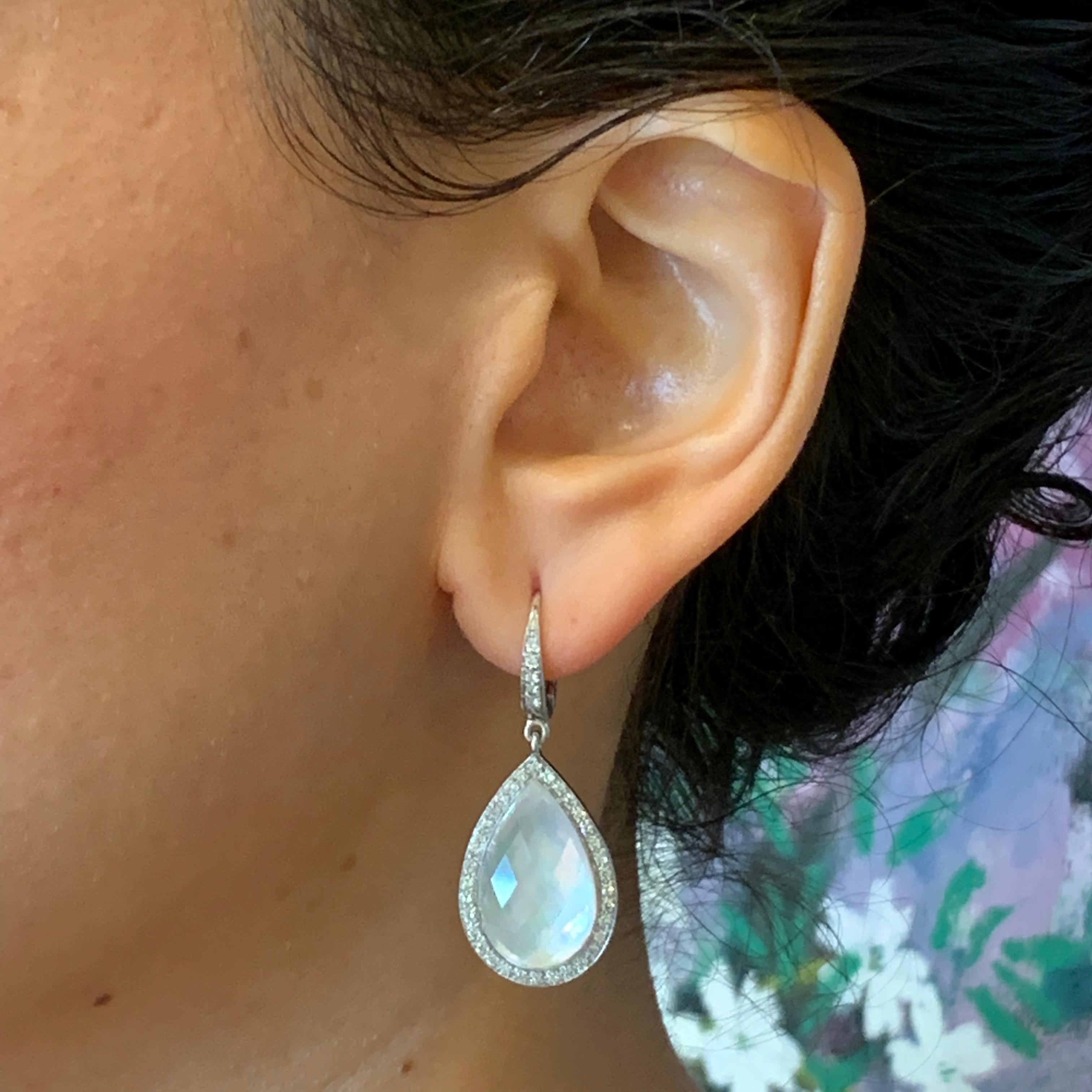 Mother of Pearl Quartz Diamond Gold Drop Earrings 2