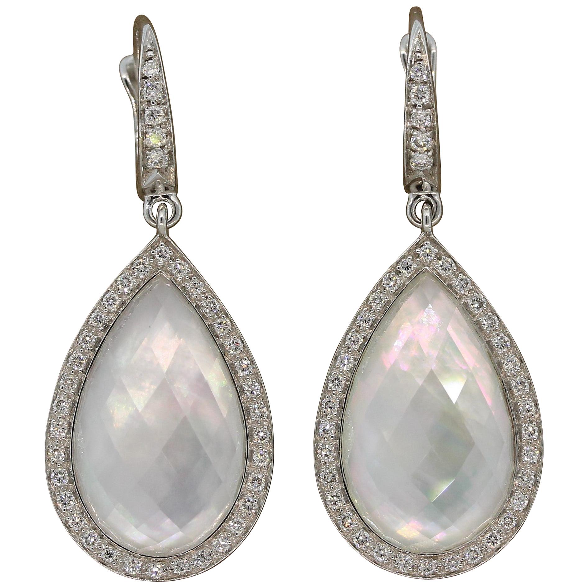 Mother of Pearl Quartz Diamond Gold Drop Earrings