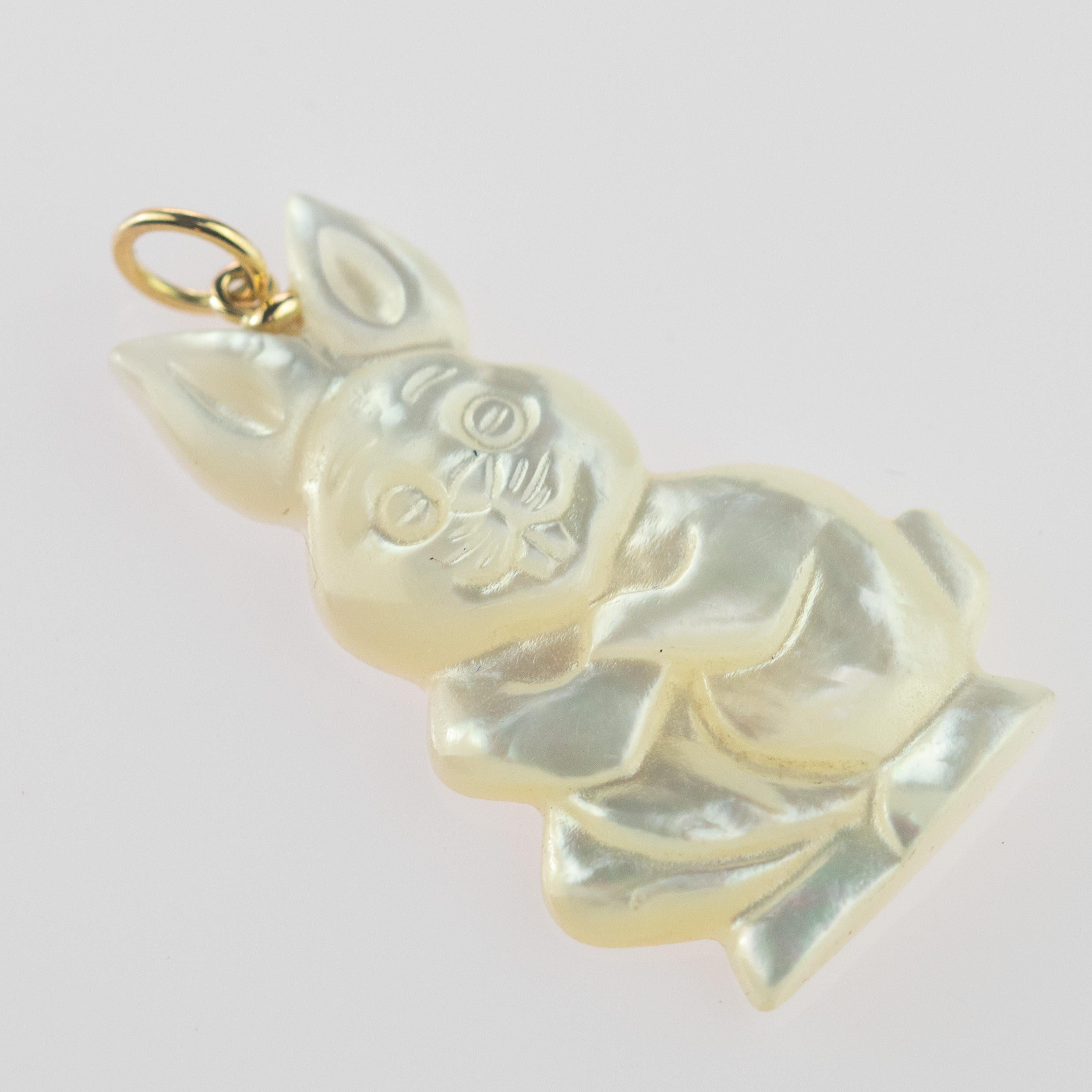 Art Nouveau Mother of Pearl Rabbit Bunny 18 Karat Gold Handmade Easter Pendant Necklace For Sale