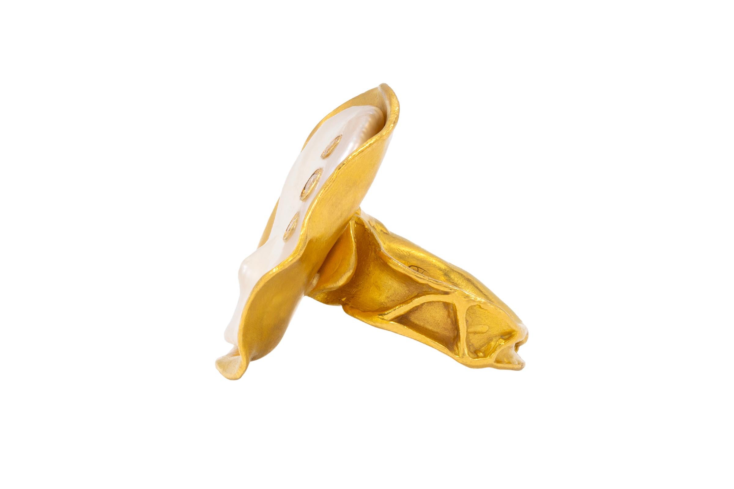 Artisan Diamond and Pearl Cocktail Ring in 22k Gold, by Tagili For Sale