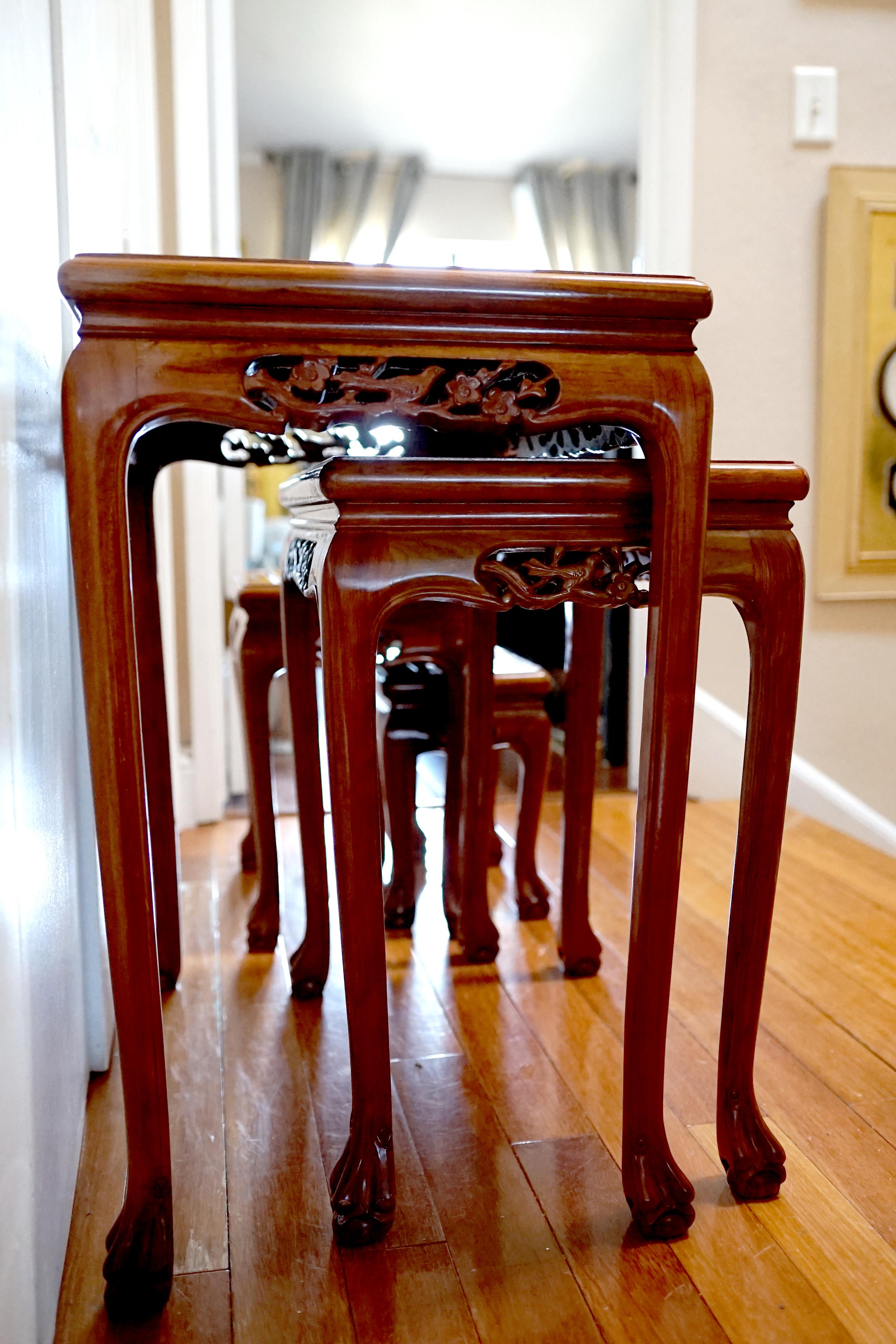 Chinese Mother of Pearl Rosewood Nesting Tables Set of Four with Ball and Claw Feet