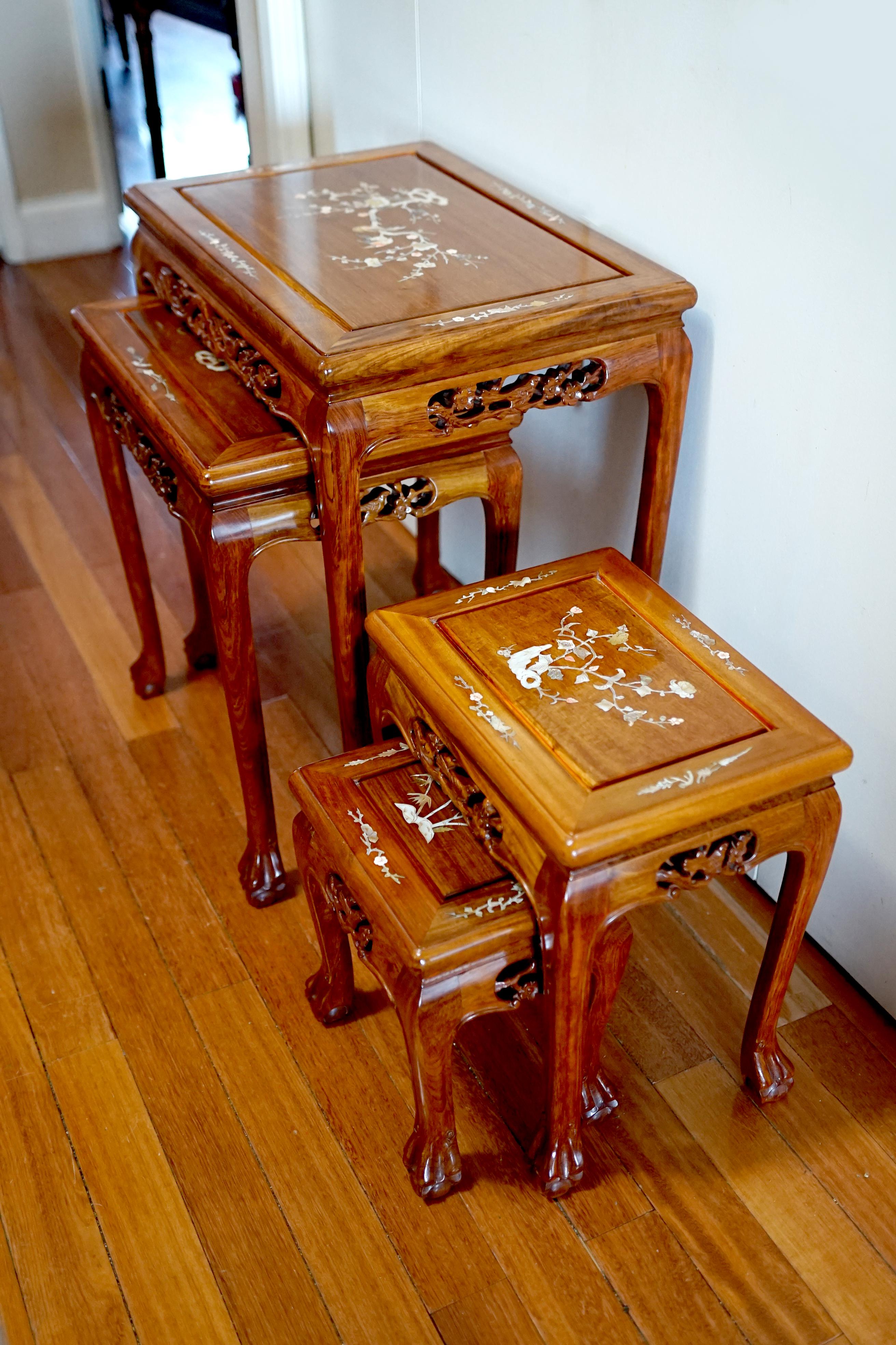Hand-Carved Mother of Pearl Rosewood Nesting Tables Set of Four with Ball and Claw Feet