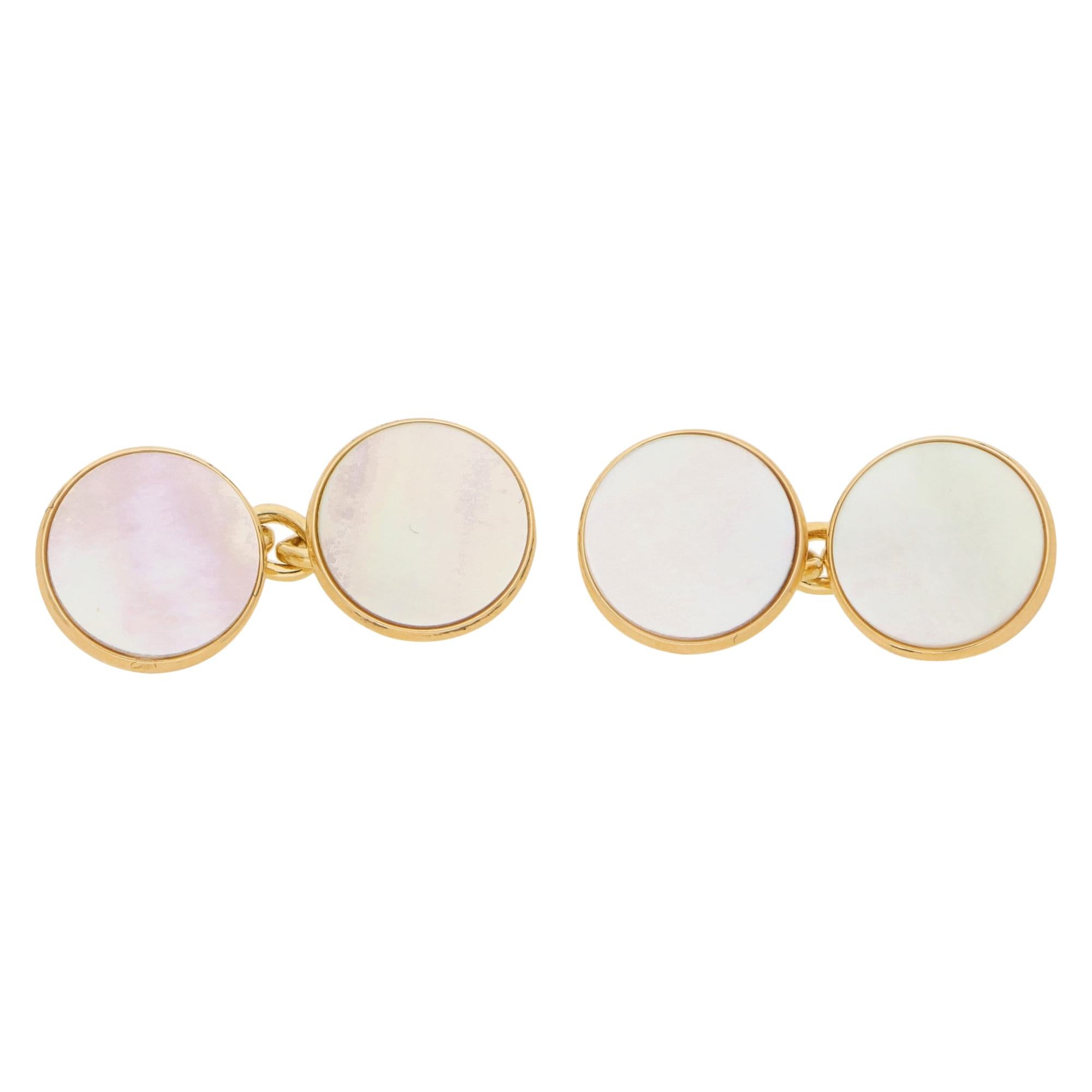 Mother of Pearl Round Chain Cufflinks Set in 9k Yellow Gold