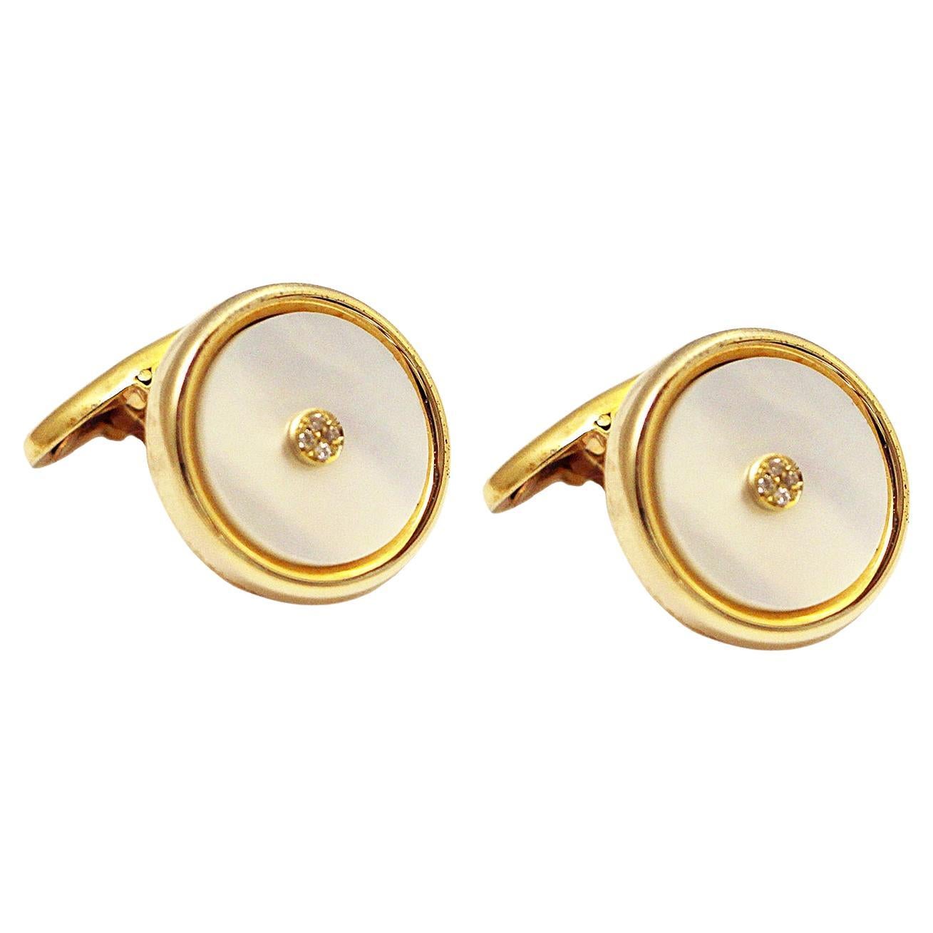Mother of Pearl Round Cufflinks with Pave Diamond Centre in 14Kt Yellow Gold For Sale