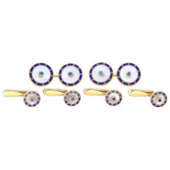 Mother of Pearl, Sapphire and Blue Enamel Cufflink and Dress Set in 18 Karat