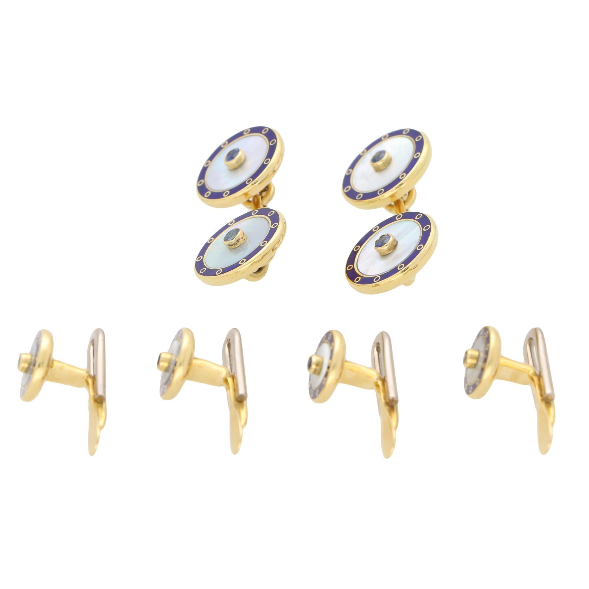 Modern Mother of Pearl, Sapphire and Blue Enamel Cufflink and Dress Set in 18 Karat For Sale