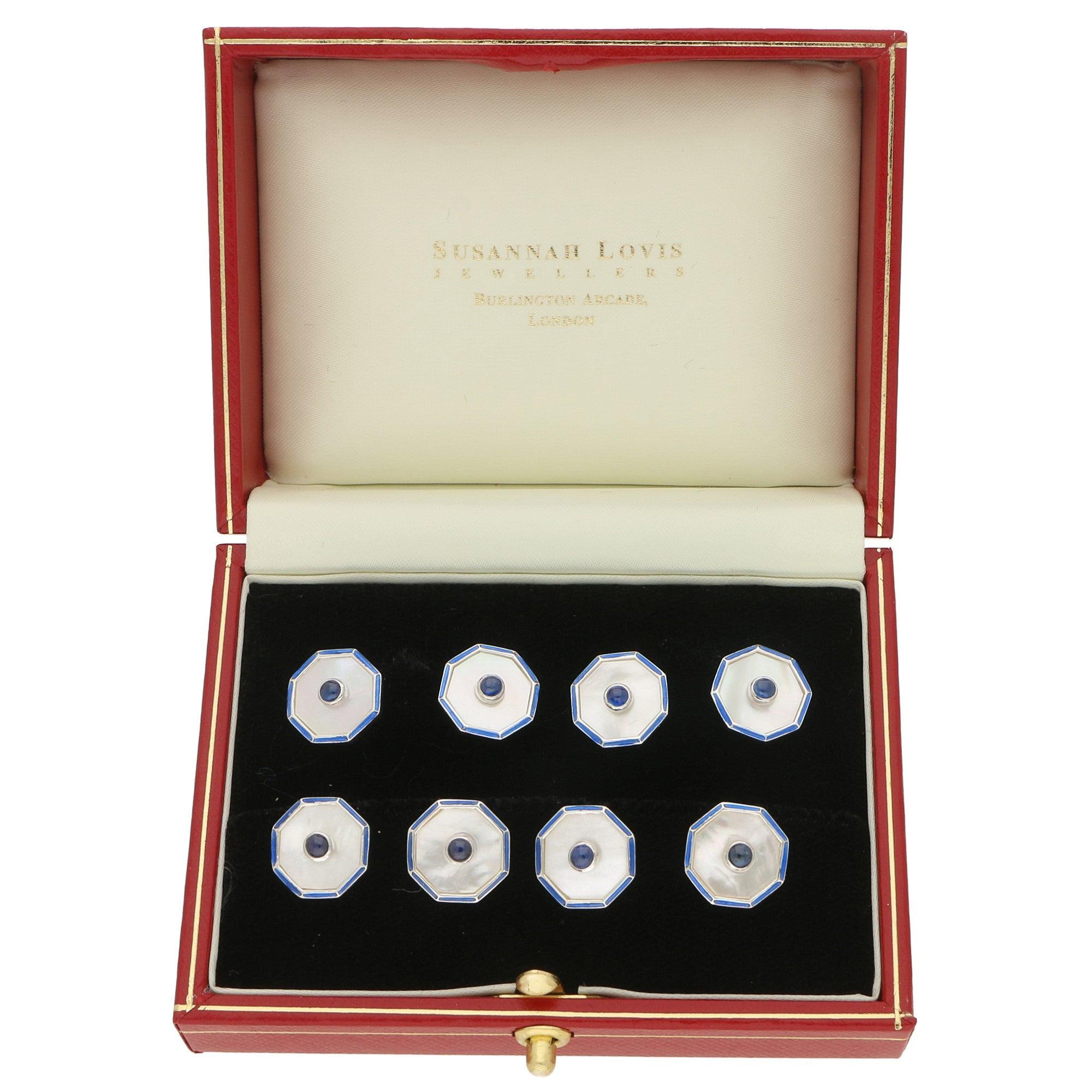 Mother of Pearl, Sapphire and Enamel Cufflink and Shirt Stud in Solid Silver