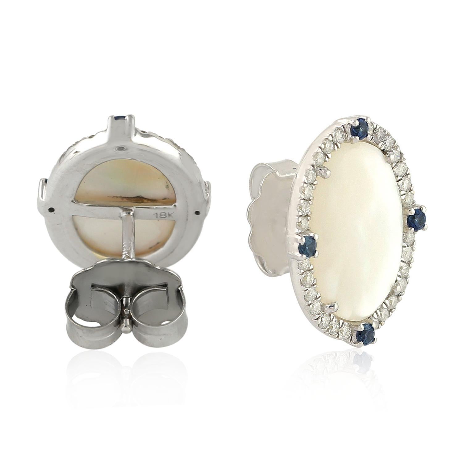 Modern Mother of Pearl Sapphire Diamond 18 Karat Gold Stud Earrings For Sale