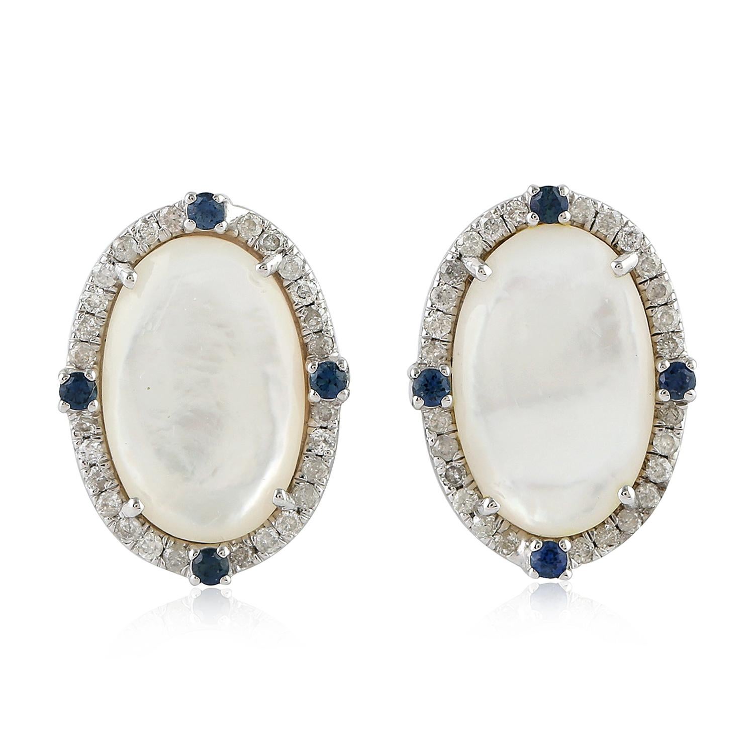 Cabochon Mother of Pearl Sapphire Diamond 18 Karat Gold Stud Earrings For Sale