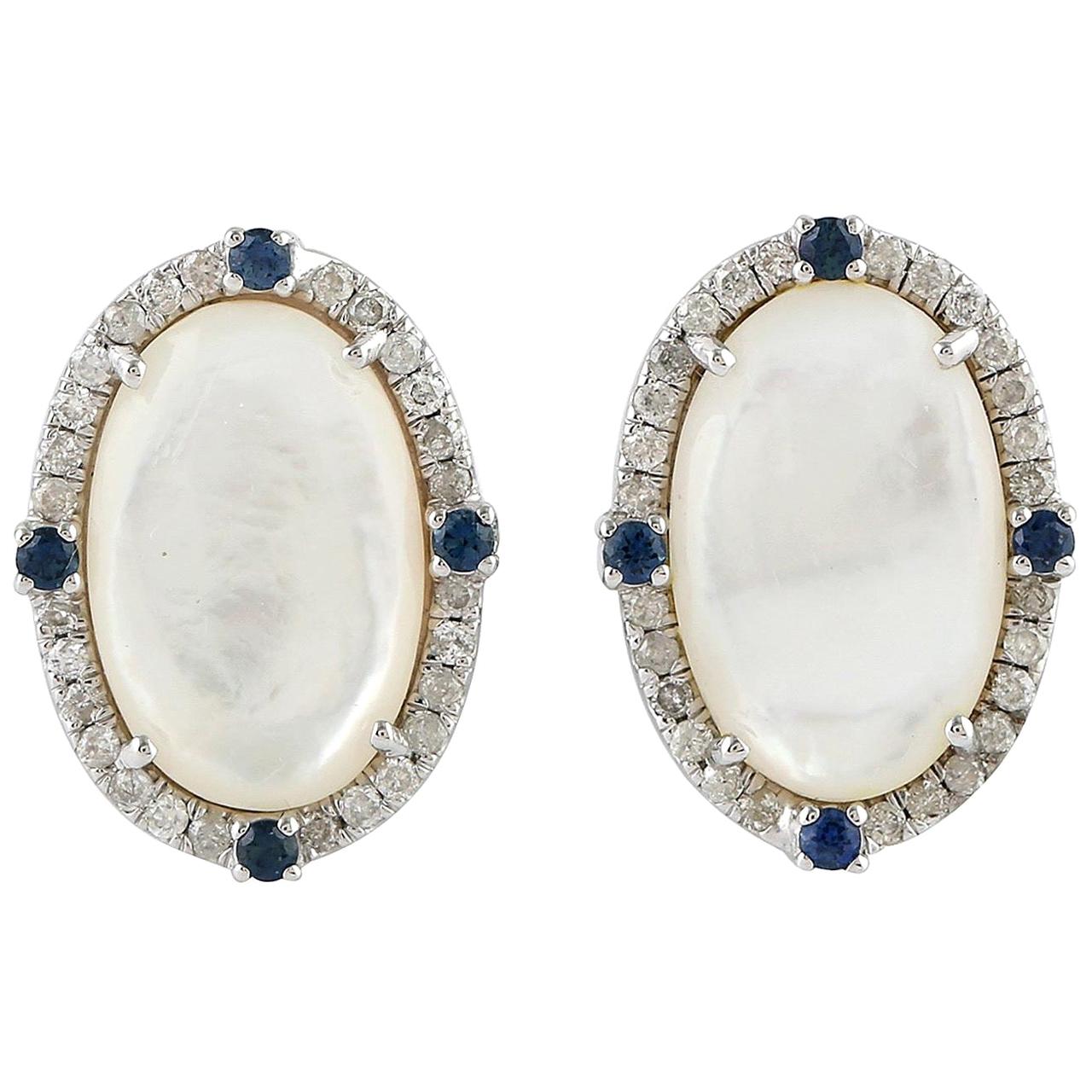 Mother of Pearl Sapphire Diamond 18 Karat Gold Stud Earrings For Sale