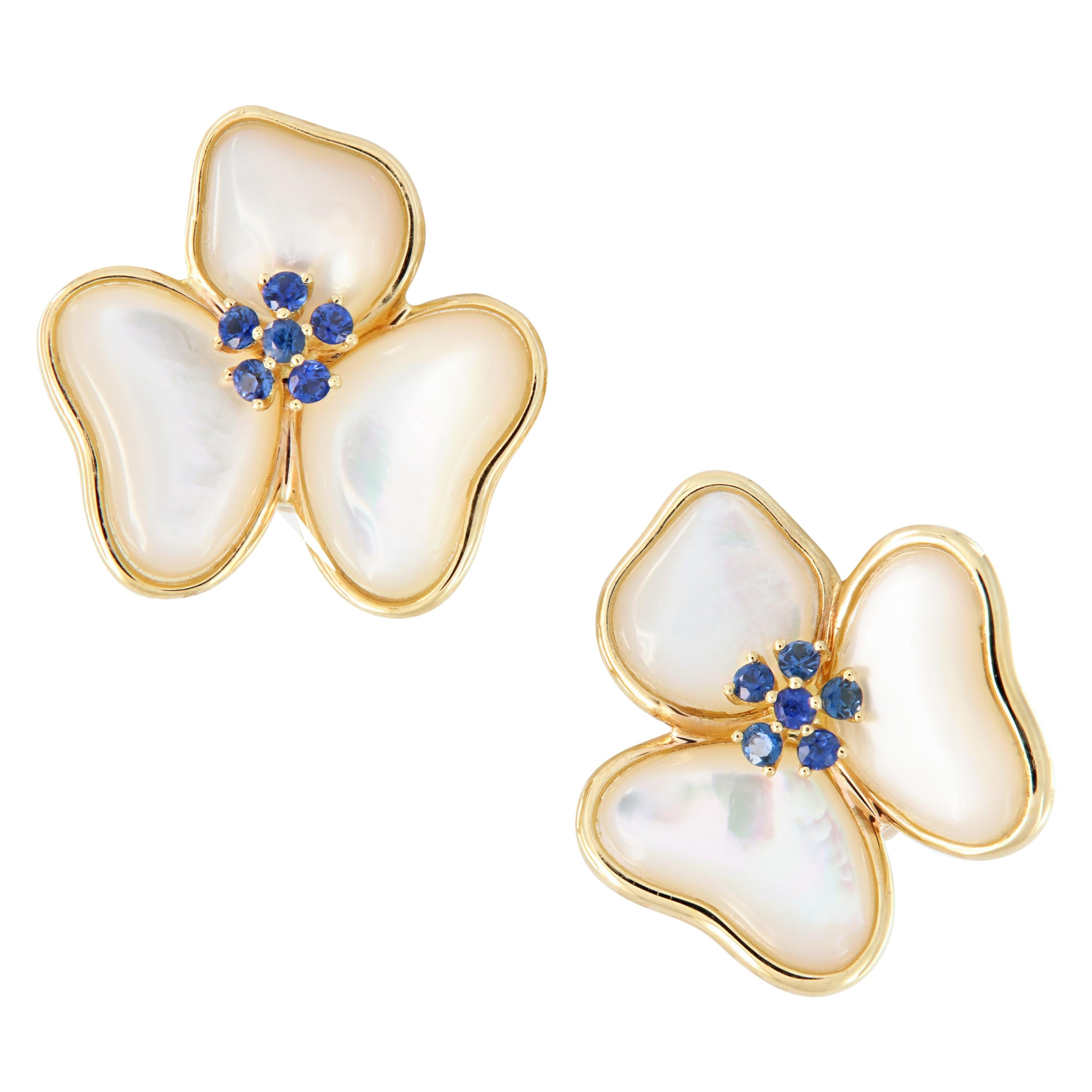 Mother of Pearl Sapphire Flower Petal Stud Earrings