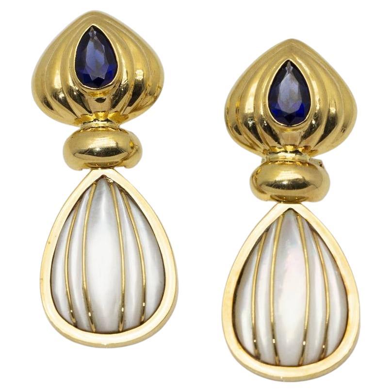 Mother of Pearl, Sapphire in Yellow Gold Earrings For Sale