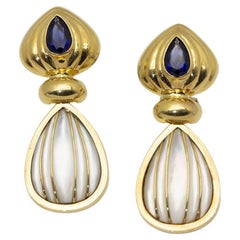 Mother of Pearl, Sapphire in Yellow Gold Earrings