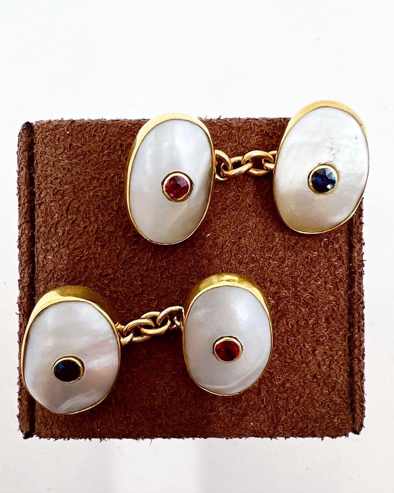Round Cut Mother of pearl, sapphires, rubies and yellow gold Cufflinks For Sale