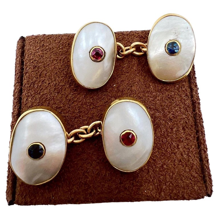 Mother of pearl, sapphires, rubies and yellow gold Cufflinks For Sale