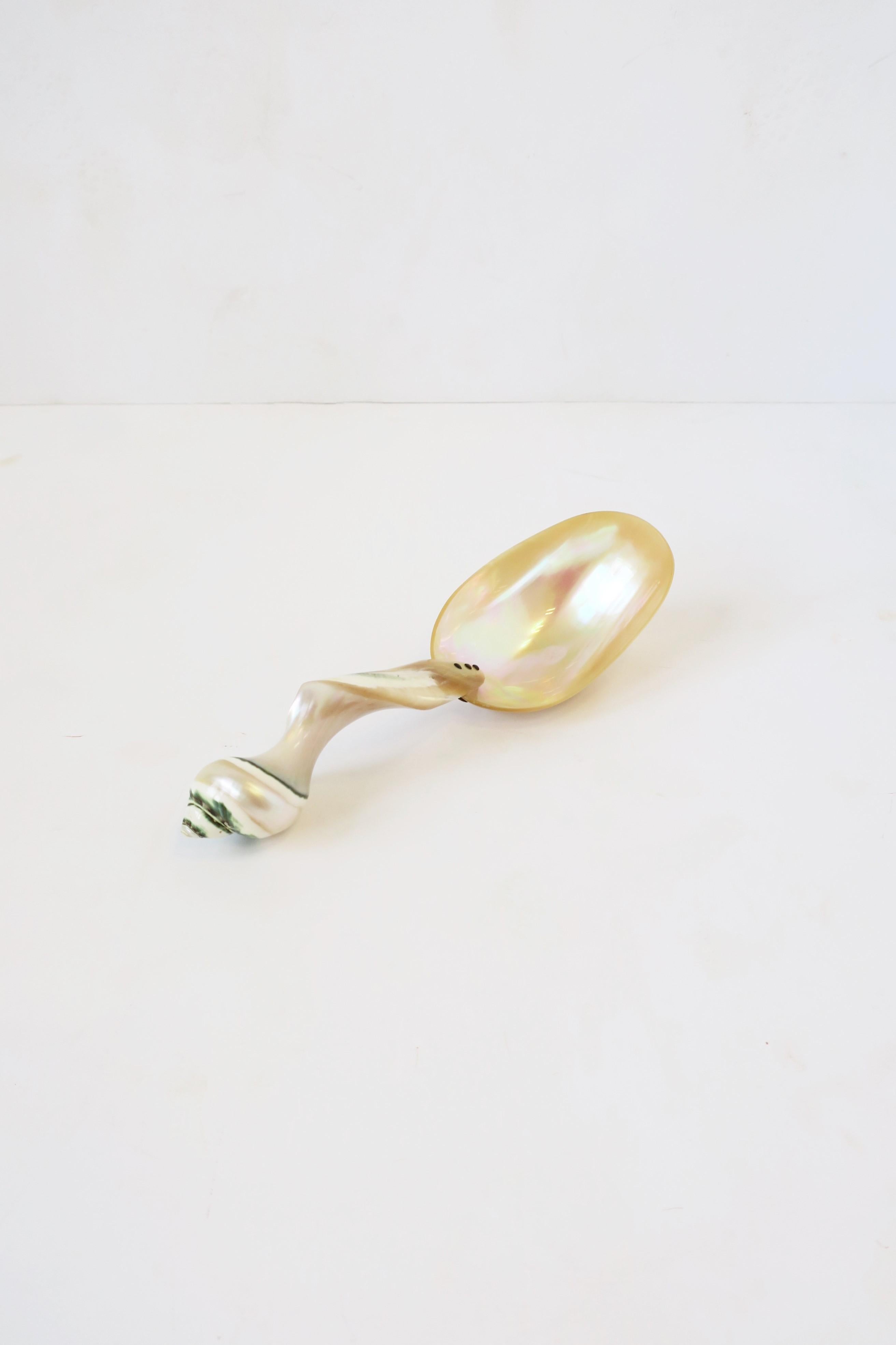 A very beautiful handmade mother of pearl spoon in the organic modern style, circa 20th century. Spoon is made entirely of mother of pearl seashell, carved, and polished smooth. A great serving spoon for summer or holiday dinning or entertaining.