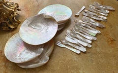 Mother of Pearl Seashell Caviar Dish with Cutlery, 8 Complete Sets