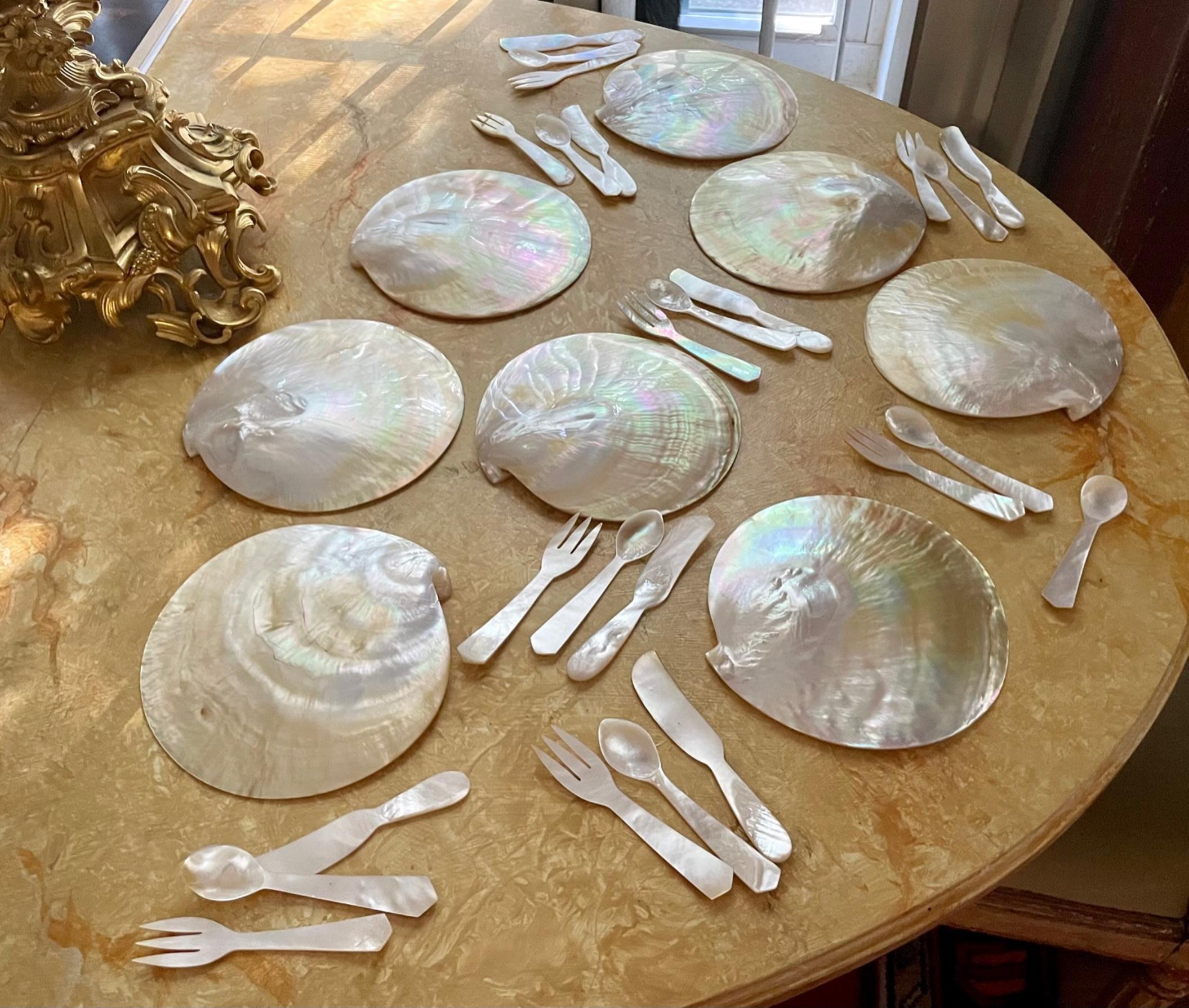 Carved Mother of Pearl Seashell Caviar Dish with Cutlery, 8 Complete Sets