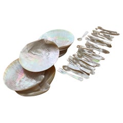 Vintage Mother of Pearl Seashell Caviar Dish with Cutlery, 8 Complete Sets