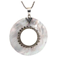 Mother of Pearl Shell Circle Necklace Pendant Sterling Silver 925