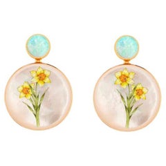 Mother Of Pearl Shell Stud Earrings, Daffodil flower painting.