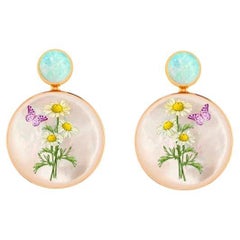 Mother Of Pearl Shell Stud Earrings, daisy flower bouquet painting.