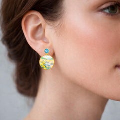 Mother Of Pearl Shell Stud Earrings, Fields with flowers painting.