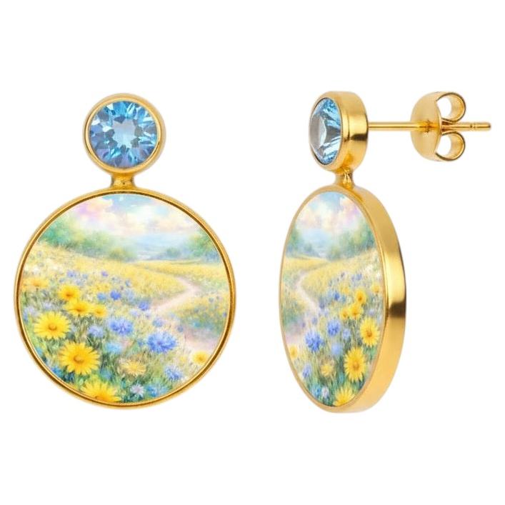 Mother Of Pearl Shell Stud Earrings, Fields with flowers painting.