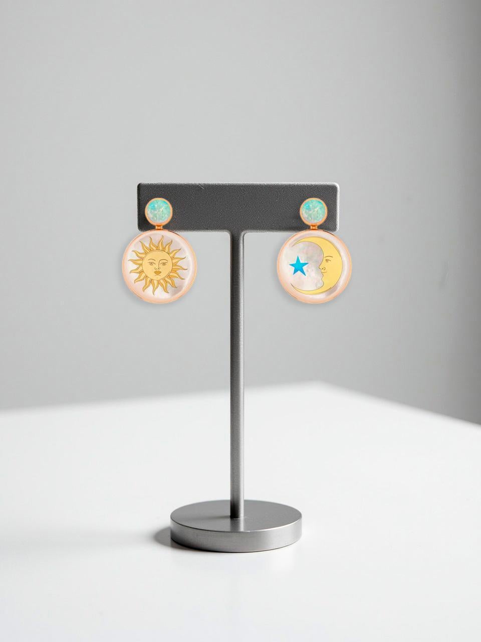 Mother Of Pearl Shell Stud Earrings with opal cab, sun and moon with star drawing. Day and night earrings. Handmade Paint day and night sky themed Shell Earrings with opal. Beach Wedding bridal stud earrings. Mother of pearl beach earrings. Shell
